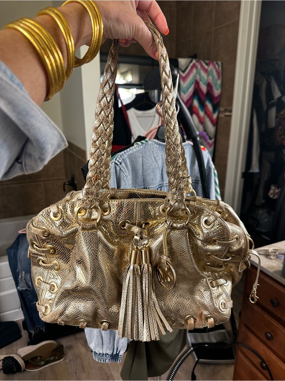 Vintage Michael Kors Gold Metallic Braided-Handle Tote with Tassel